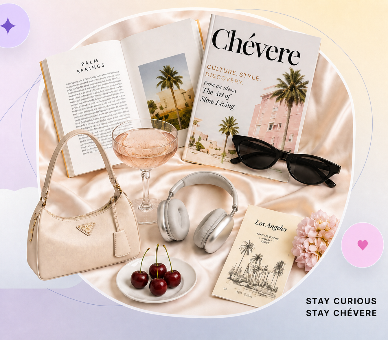 Chévere editorial collage featuring books, fashion, travel, music, and lifestyle objects
