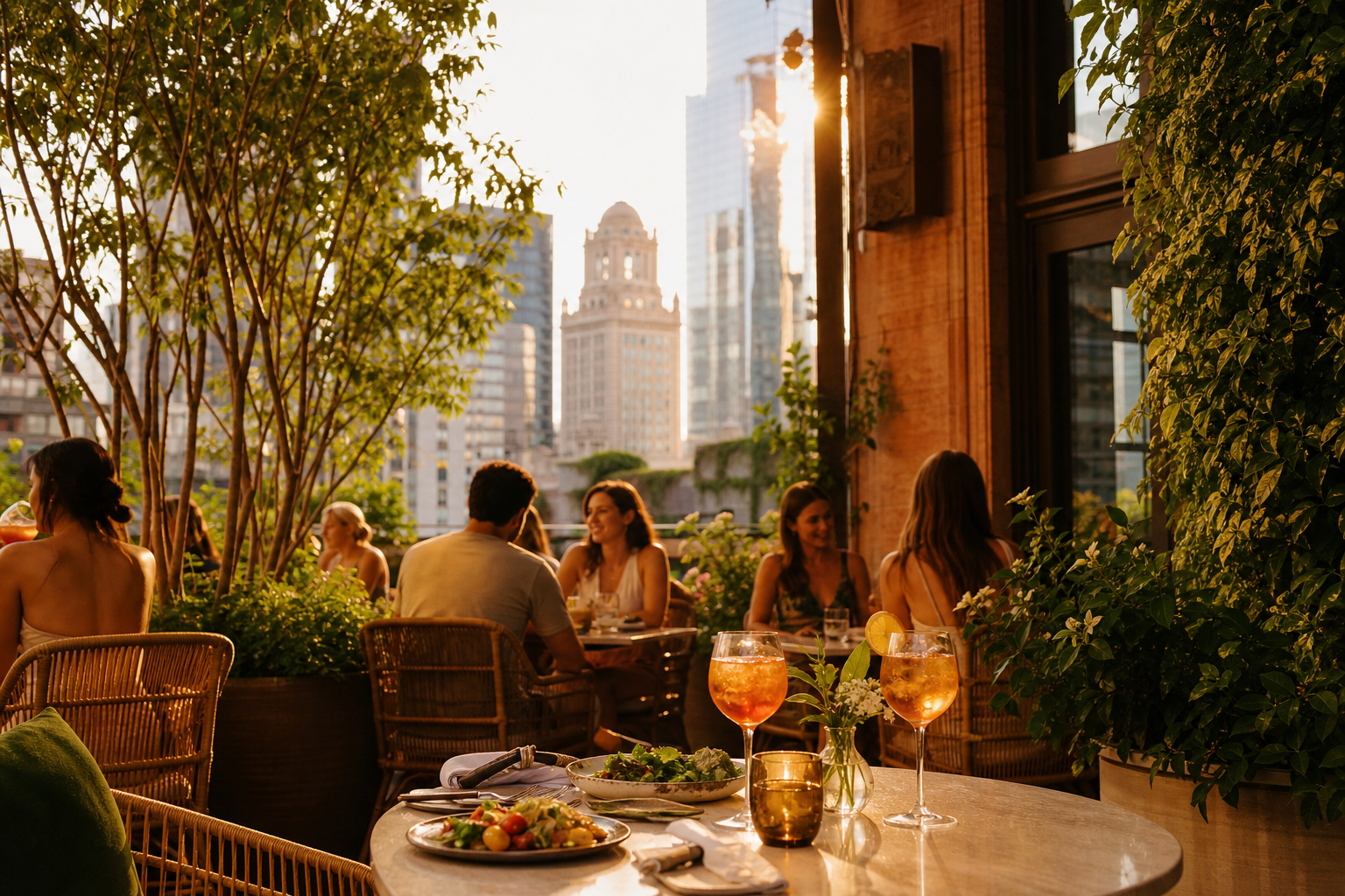 Chicago patio dining at golden hour